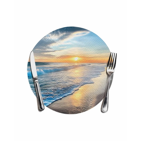 Ocean Beach Sunset Round Table Placemats 1 pc, Blue Coastal Seascape Washable Woven Place Mats for Dining Tables Kitchen Party Decor,Heat Proof, 13in,