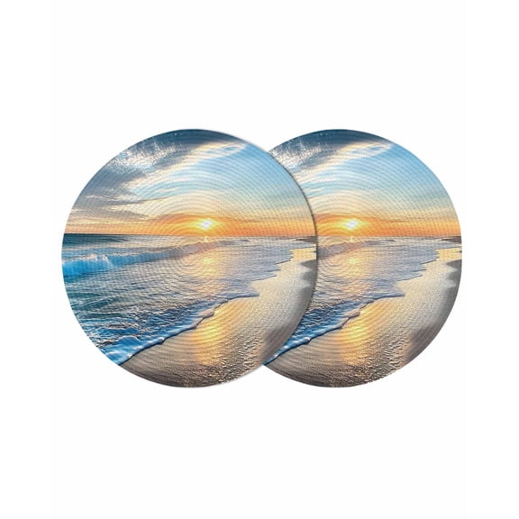 Ocean Beach Sunset Round Table Placemats set of 2, Blue Coastal Seascape Washable Woven Place Mats for Dining Tables Kitchen Party Decor,Heat Proof, 15in,
