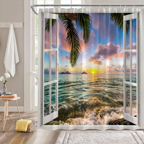 Ocean Beach Sunset Shower Curtain Tropical Palm Tree Sea Waves Sunset Sunrise Hawaii Nature Scenery Landscape from White Window Fabric Bathroom Decor Curtain with Plastic hookss