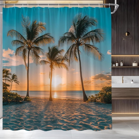 Ocean Beach Sunset Shower Curtain Tropical Palm Tree Seaside Seascape Coastal Exotic Nature Scenery Landscape Bathroom Decor Set with Hooks-72"W x 86"L (Pack of 1)
