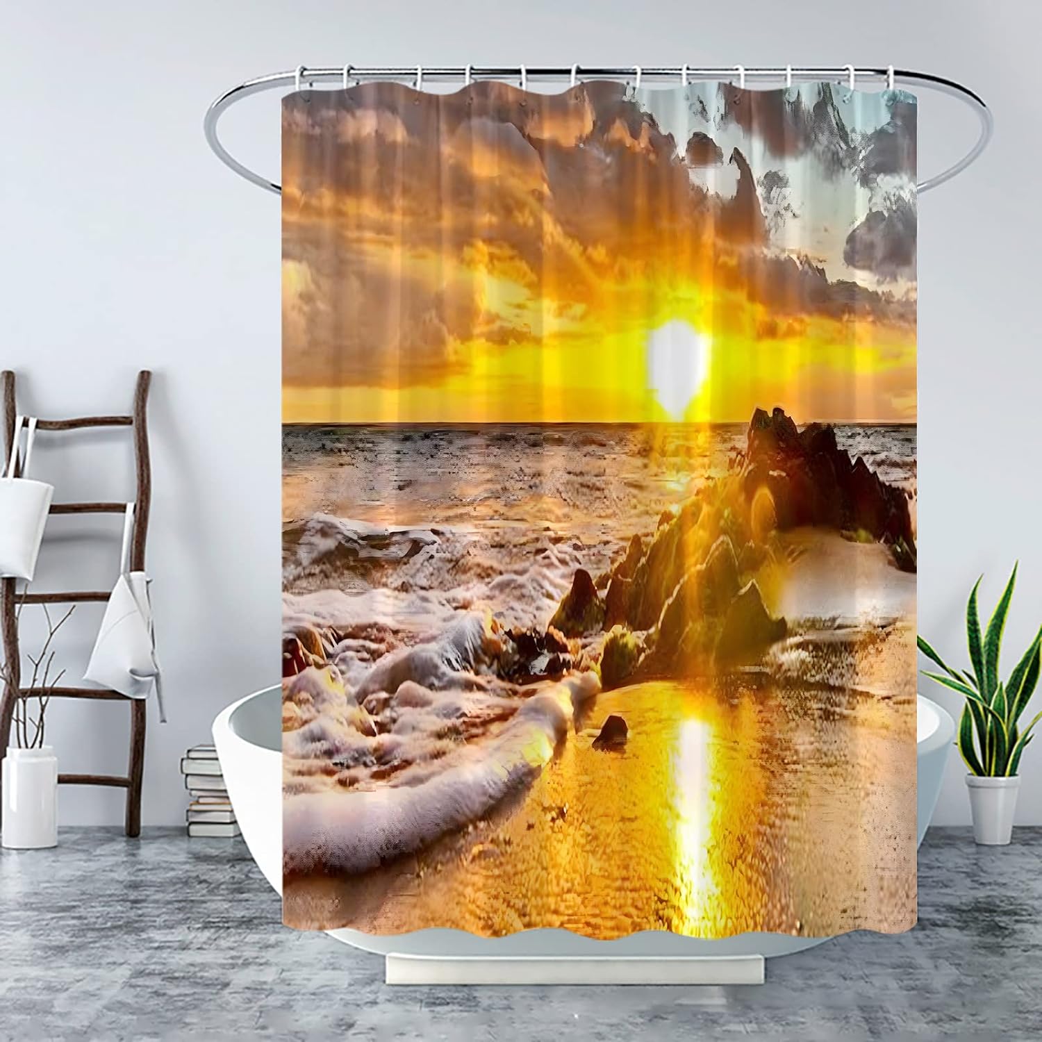 Ocean Beach Sunset Shower Curtain Tropical Palm Trees Orange Sky Summer