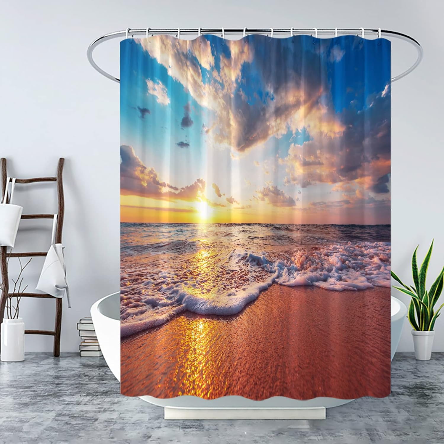 Ocean Beach Sunset Shower Curtain Tropical Palm Trees Orange Sky Summer