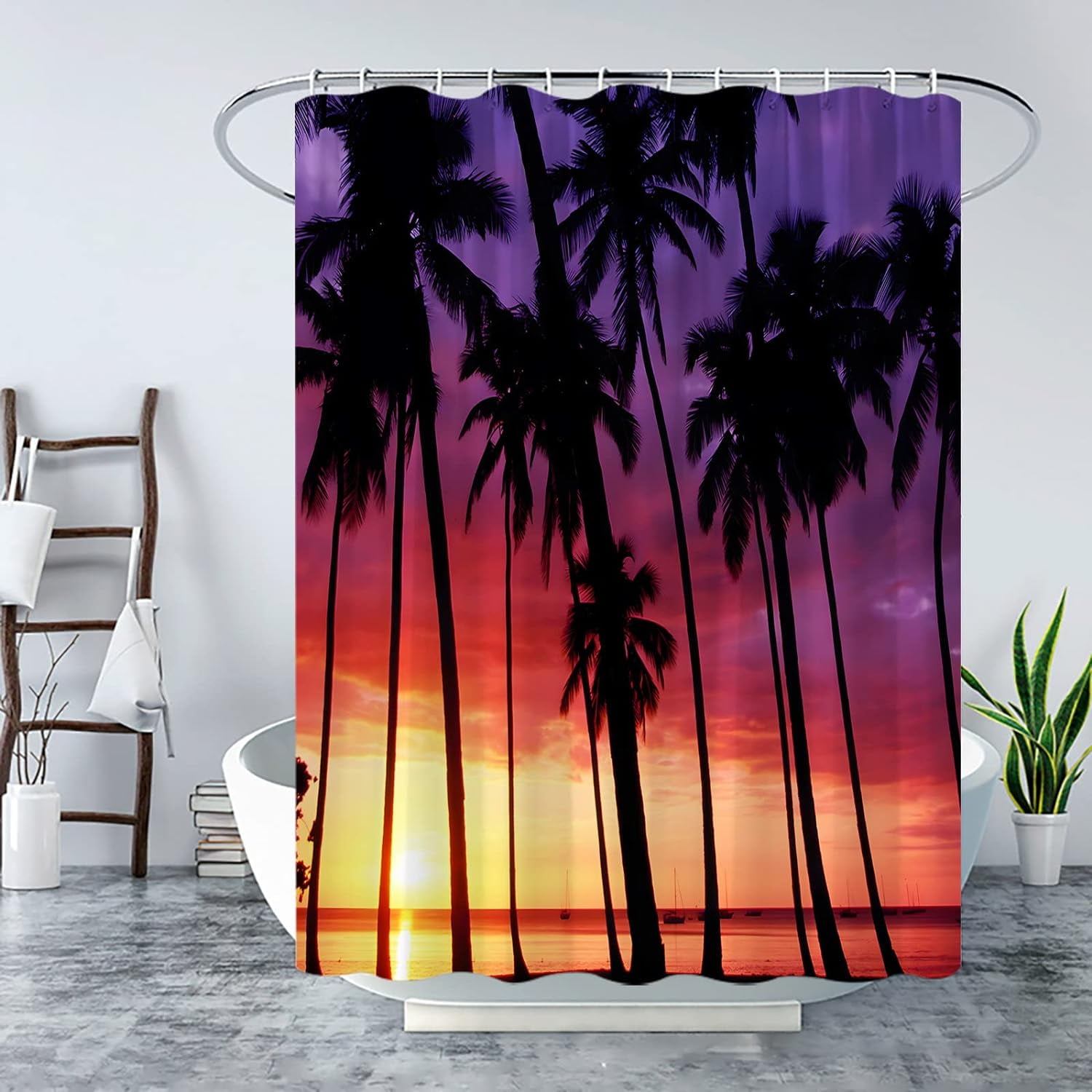 Ocean Beach Sunset Shower Curtain Tropical Palm Trees Orange Sky Summer