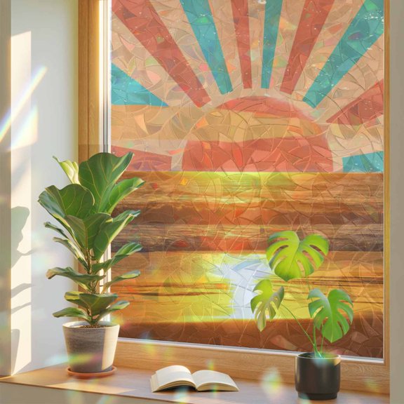 Ocean Beach Sunset Teal Orange Stripes Window Privacy Film, Rainbow Film Decorative Window Sticker 17.7x39.3in, Summer Sea Waves Sun Blocking Static Stained Glass Cling Tint Non-Adhesive