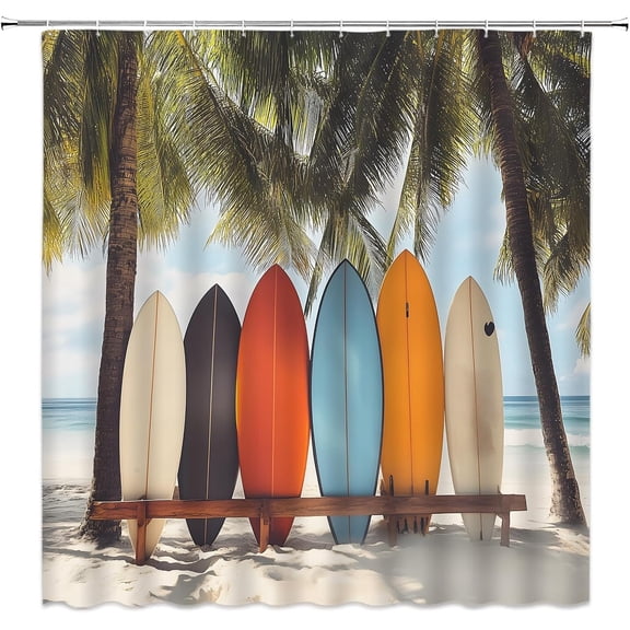 Ocean Beach Surfboard Shower Curtain Tropical Palm Tree Retro Summer Surfing Seaside Hawaii Coastal Nature Bathroom Curtain Fabric with Hooks-60"W x 72"L (Pack of 1)