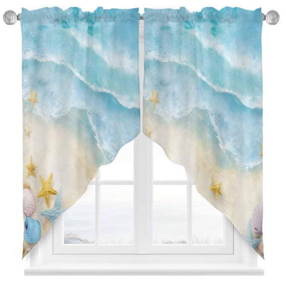 Ocean Beach Swag Kitchen Curtain Valances, Gradient Blue Ocean Waves Blue Pink Sea Star Shell Beach Rod Pocket Curtains Window Treatment Decor Valances for Bedroom Bathroom, 2 Panels 36 x 36 Inch