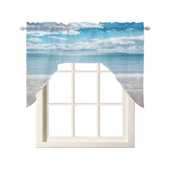Ocean Beach Swag Valances for Windows, Small Curtains Drapes, Natural Blue Sea Waves Sky Cloudy Scenery Kitchen Window Curtains Over Sink Window Treatment Valance for Bedroom/Bathroom 56"x36"