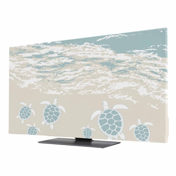 Ocean Beach TV Dust Cover 24 Inch, Hand-Painting Abstract Beige Beach Blue Sea Turtle Computer Monitor Cover Dustproof Stretchable Indoor TV Screen Protector for LED LCD Universal Monitors