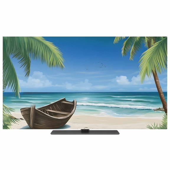 Ocean Beach TV Dust Cover,Stretchable TV Screen Desktop Computer Protector Cover,Blue Coastal Palm Tree Nautical Sailboat Television Dustproof Slipcover for 28–32 Inch Flat or Curved TVs