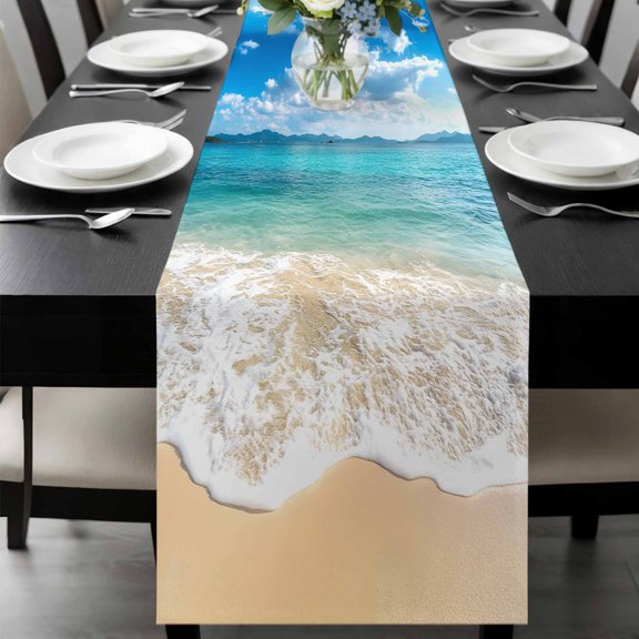 Ocean Beach Table Runner 48 Inches Long, Blue Sky Waves Sand Horizon Shore Summer Kitchen Coffee Dining Table Decoration for Home Party Birthday Wedding Home Decor 13x48 Inches
