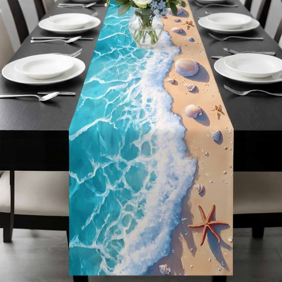 Ocean Beach Table Runner 72 Inches Long, Coastal Nautical Starfish Shells Sea Waves Kitchen Coffee Dining Table Decoration for Home Party Birthday Wedding Home Decor 13x72 Inches