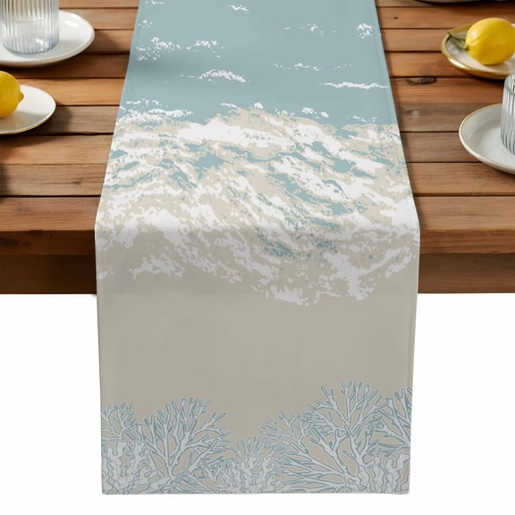 Ocean Beach Table Runner, Hand-Painting Abstract Beige Beach Blue Sea Coral Washable Kitchen Table Runners Dress Scarves for Dining Table Decorations Party, 13x36in