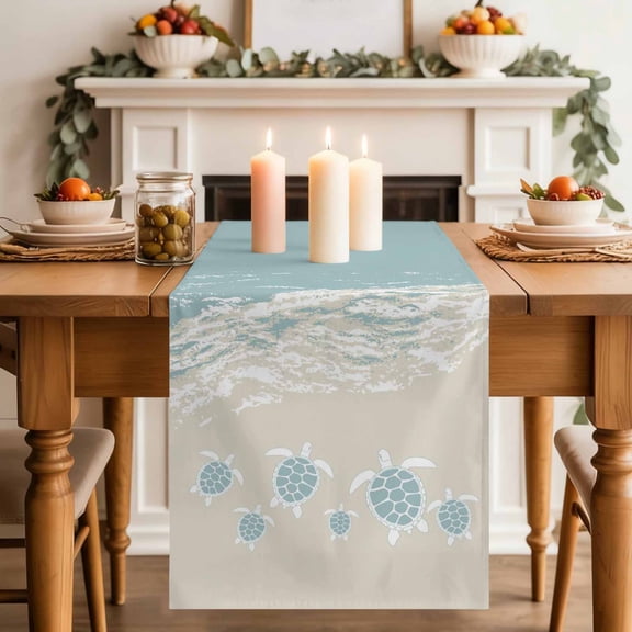 Ocean Beach Table Runner, Hand-Painting Abstract Beige Beach Blue Sea Turtle Cotton Linen Kitchen Table Decoration Washable Dining Tabletop Runners for Home Party Decor 13x36 Inches