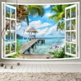 thumbnail image 1 of Ocean Beach Tapestry, Summer Blue Sea Window Tapestry Wall Hanging for Bedroom Aesthetic, Nature Beachy Palm Tree Landscape Tapestries Poster Blanket College Dorm Home Decor 90X70 Inches, 1 of 4