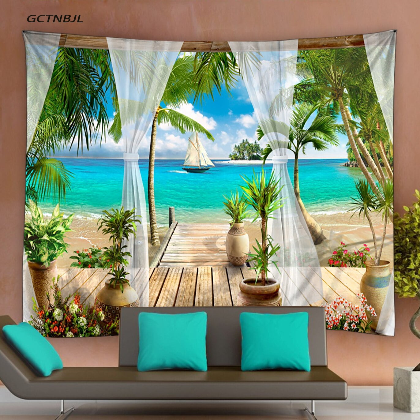 Ocean Beach Tapestry Wall Hanging Sea Coconut Tree Wall Tapestry ...
