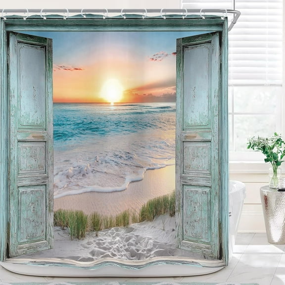 Ocean Beach Teal Barn Door Shower Curtain for Bathroom Decor 72Wx72H Hawaiian Sunset Scenery Sea Wave Retro Wood Rustic Nature Art Printed Fabric Polyester Waterproof 12 Pack Plastic Hooks