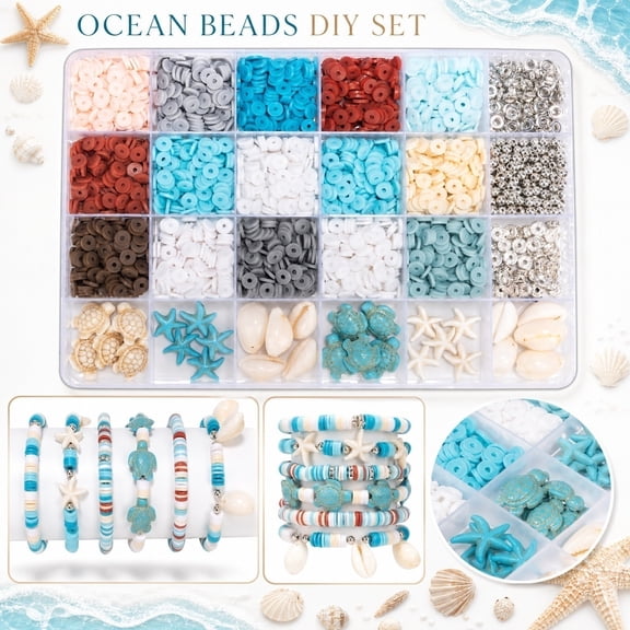 Ocean Beach Theme Beads DIY Set Jewelry Making Kit Sea Life Charms Flat Round Spacers Starfish Turtle Shell Beads Box for Friendship Bracelets Necklaces Anklets Craft Accessories