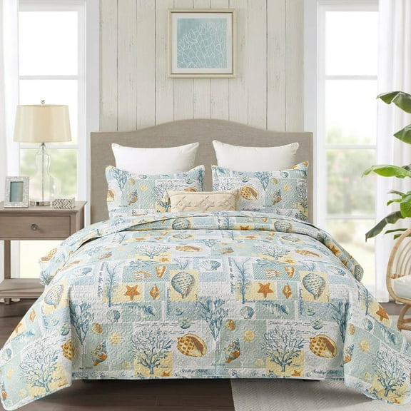 Kebury Ocean Beach Theme Quilts Bedding Set King Size Lightweight Patchwork Coastal Bedding Letter Printed Coverlets Conch Seashell Starfish Seaweed Bedspreads (1 Quilt, 2 Pillow Shams)
