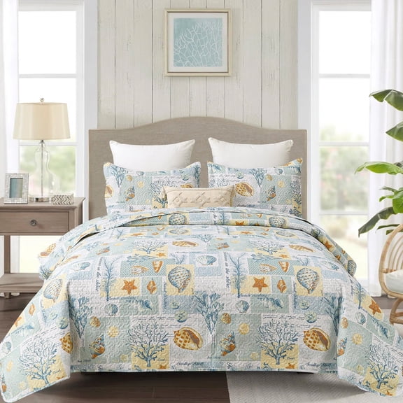 Kebury Ocean Beach Theme Quilts Bedding Set Twin Size Lightweight Patchwork Coastal Bedding Letter Printed Coverlets Conch Seashell Starfish Seaweed Bedspreads (1 Quilt, 2 Pillow Shams)