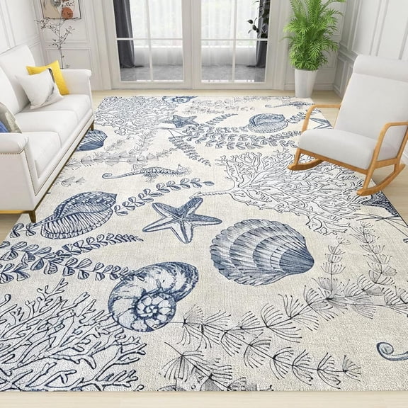 Ocean Beach Theme Sea Creatures Area Rug 5x7ft Rug Starfish Seaweed Conch Coastal Rugs Washable Non Slip Soft Carpet for Living Room Bedroom Home Office