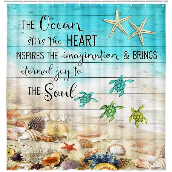 Ocean Beach Theme Shower Curtain for Bathroom, Nautical Sea Turtles Starfish Seashells on Rustic Wooden Board Fabric Shower Curtains Summer Farmhouse Restroom Decor Accessories with Hooks 72X72 Inches