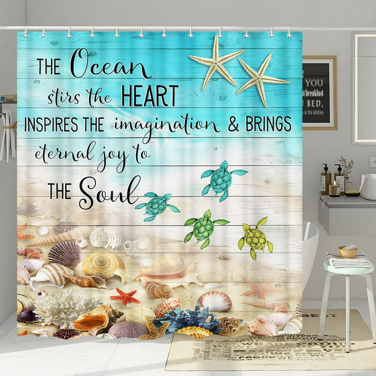 Ocean Beach Theme Shower Curtain, Nautical Sea Turtles Starfish Seashells  on Rustic Wooden Board Bathroom Decor Bath Curtain, Funny Words Shower