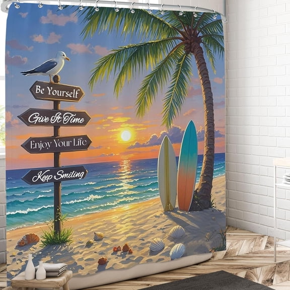 Ocean Beach Theme Shower Curtain,Tropical Coastal Shower Curtains Set for Bathroom,Sunset Sunrise Palm Tree Bath Curtain Nature Scenery Bathroom Accessories Home Decor-48"W x 72"L (Pack of 1)