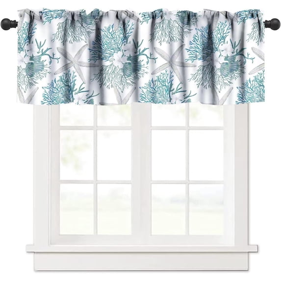 Ocean Beach Theme Window Valance Curtain,Starfish Seashells Coral, Decorative Curtain Valance for Kitchen Bedroom Decor with Rod Pocket