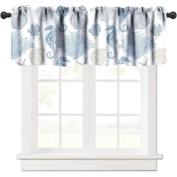 Ocean Beach Theme Window Valance Curtain,Starfish Seashells Coral, Decorative Curtain Valance for Kitchen Bedroom Decor with Rod Pocket