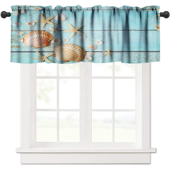 Ocean Beach Theme Window Valance Curtain,Starfish Seashells Coral, Decorative Curtain Valance for Kitchen Bedroom Decor with Rod Pocket