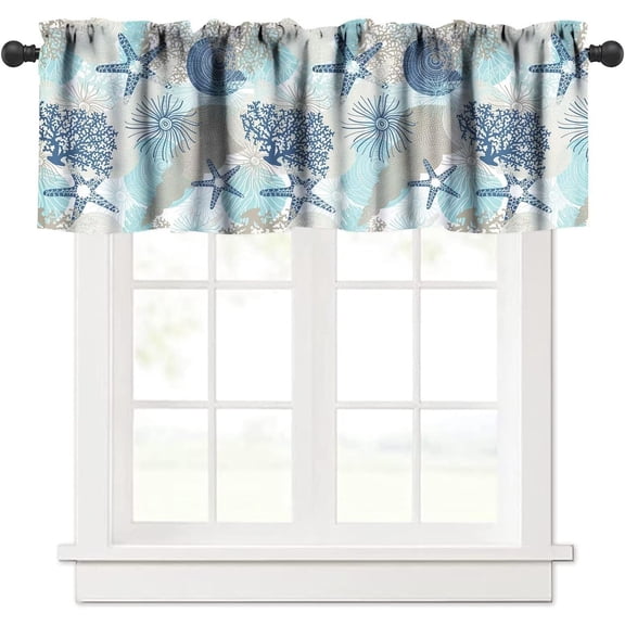 Ocean Beach Theme Window Valance Curtain,Starfish Seashells Coral, Decorative Curtain Valance for Kitchen Bedroom Decor with Rod Pocket