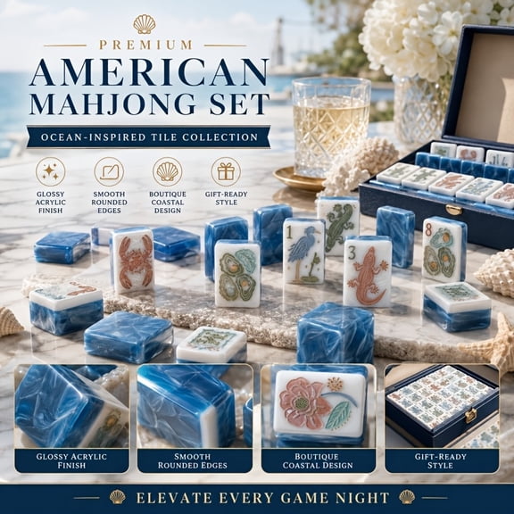 Ocean Beach Themed American Mahjong Tiles Set, Blue Marble Wave Resin Mahjong, Crab Lizard Heron Seashell Engraved Pattern Complete 4-Player Table Game Gift