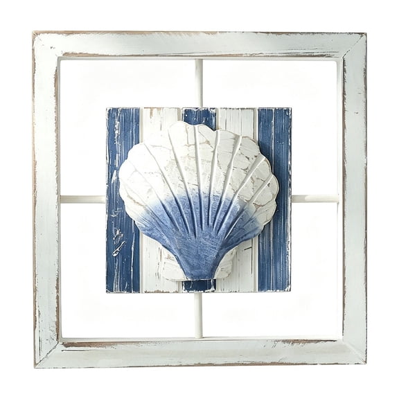 Ocean Beach Themed Wall Decor, Nautical Blue Seashell and Starfish Decorations for Home Beach House, (9.8"x9.8") Rustic Ocean Theme Coastal Bedroom Living Room Wall Art