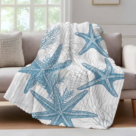 Ocean Beach Throw Blanket for Couch Seashell Coral Starfish Soft and Warm Flannel 3D Striped Fluffy Fuzzy Fleece Blanket Lightweight Throw for Bed, Sofa 30 x 40 Inches