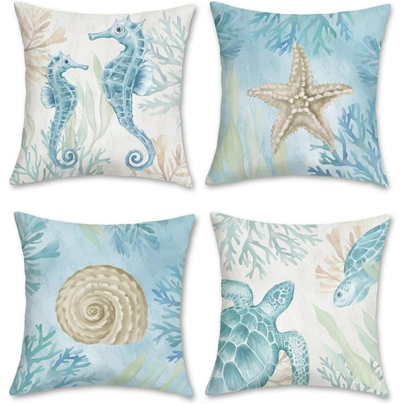 Ocean Beach Throw Pillow Covers 16 x 16 Inch Seahorse Turtle Starfish Coastal Outdoor Decorative Pillows Soft Velvet Cushion Cases for Couch Sofa Bed Home Decor Set of 4