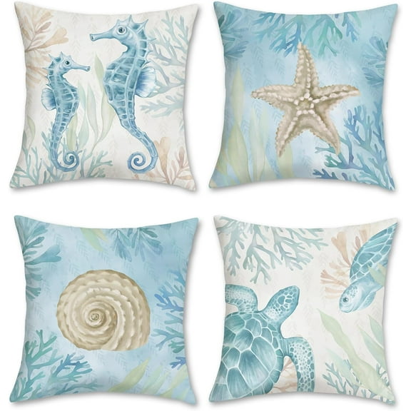 Ocean Beach Throw Pillow Covers 18 x 18 Inch Seahorse Turtle Starfish Coastal Outdoor Decorative Pillows Soft Velvet Cushion Cases for Couch Sofa Bed Home Decor Set of 4