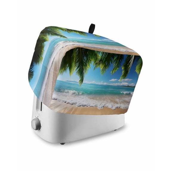 Ocean Beach Toaster Cover 2 Slice, Palm Trees Summer Tropical Island Seaside Dustproof Bread Machine Oven Cover with Storage Pockets, Fits Most Kitchen Toasters Protector