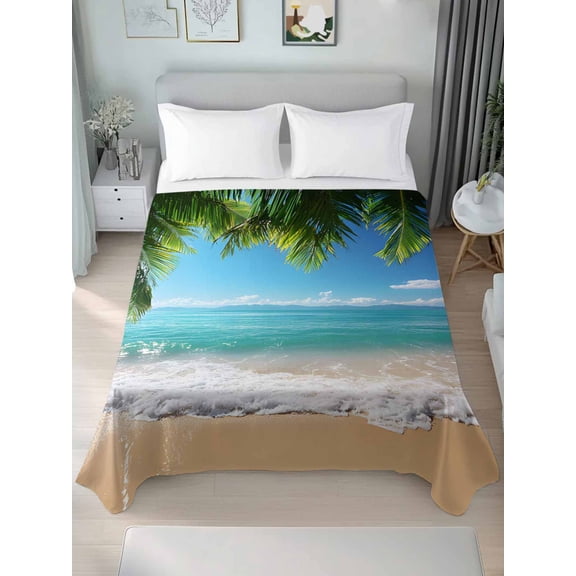 Ocean Beach Twim Size Flat Sheet, Wrinkleproof & Fadeproof Cooling Flat Bed Sheet Only, Palm Trees Summer Tropical Island Seaside Breathable Soft Bedding Top Sheets 66 x 96 Inches