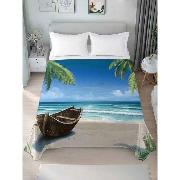 Ocean Beach Twim XL Size Flat Sheet, Wrinkleproof & Fadeproof Cooling Flat Bed Sheet Only, Blue Coastal Palm Tree Nautical Sailboat Breathable Soft Bedding Top Sheets 66 x 102 Inches