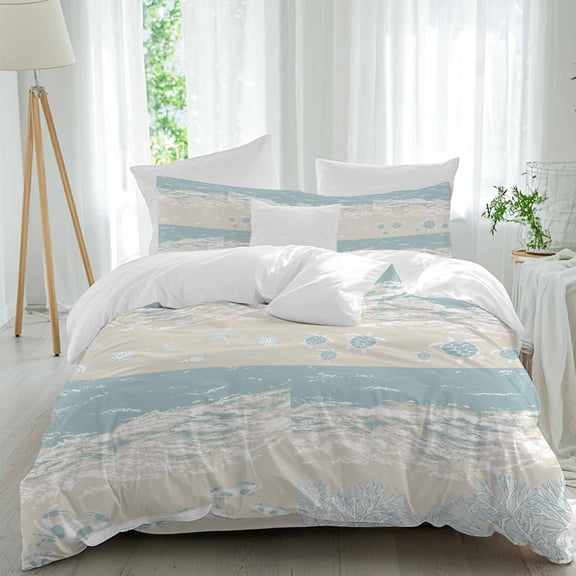 Ocean Beach Twin Size Comforter Set, Abstract Beige Beach Blue Sea Star Turtle Crab Coral Bedding for All Seasons, 4 Pcs Bed Set, 1 Quiltcover (68"x86") ,1Sheet(67"x116"), 2Pillowcases (30"x20")