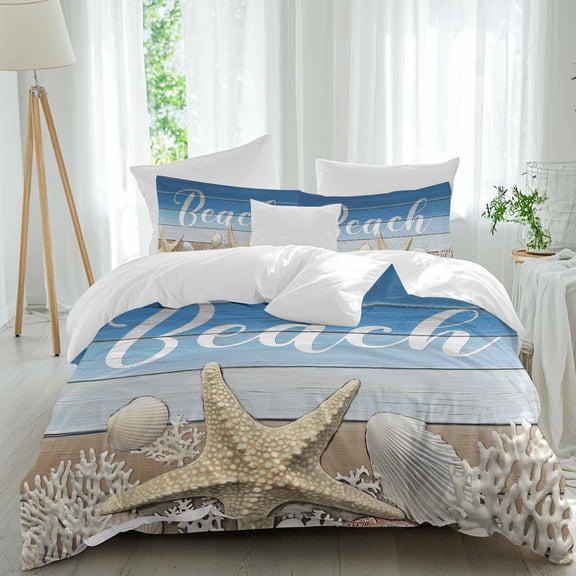 Ocean Beach Twin Size Comforter Set, Starfish Shell Coral Blue Brown Ombre Wood Grain Bedding for All Seasons, 4 Pcs Bed Set, 1 Quiltcover (68"x86") ,1Sheet(67"x116"), 2Pillowcases (30"x20")