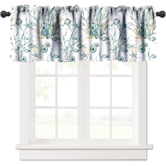 Ocean Beach Valances for Kitchen,Watercolor Underwater Gold Shell Coral Underwater Animals Plant Seaweed Home Decor Rod Pocket Window Drapes for Kitchen Bedroom 54x18in