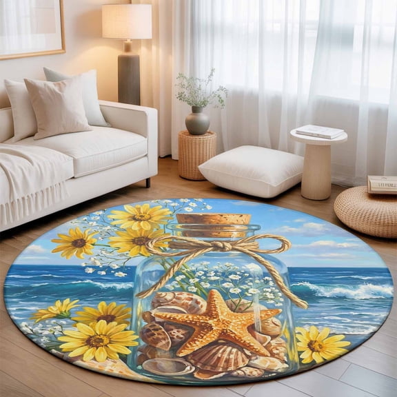 Ocean Beach Washable Round Area Rug 3 ft, Glass Bottle Starfish and Seashell Yellow Daisy, Soft Non Slip Rugs Stain Repellent Indoor Felt Carpet for Living Dining Room Bedroom Home Office