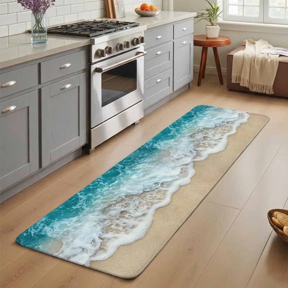 Ocean Beach Washable Runner Rug 3X5 ft Summer Sand Waves Nature Non-Slip Hallway Runner Rug, Linen Kitchen Runner Mats, Indoor Floor Carpet for Entryway Bathroom Bedroom Living Room