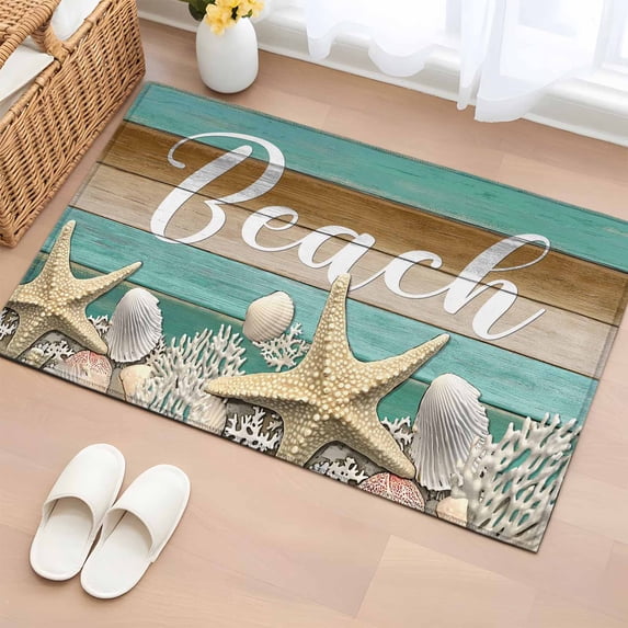 Ocean Beach Washable Small Entryway Area Rugs 2'x3', Starfish Shell Coral Teal Brown Ombre Wood Grain Low Pile Throw Rug Non-Slip Sturdy Edge Binding Carpet for Front Door Floor Room Entry
