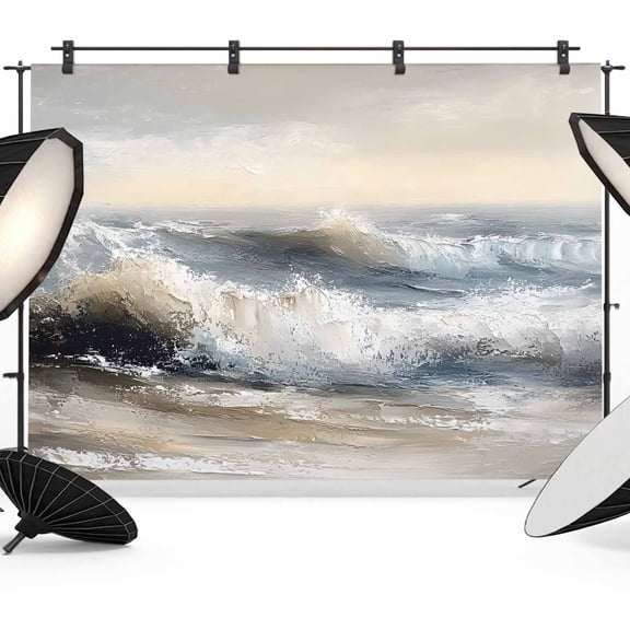 Ocean Beach Wave Backdrop for Photography, Impressionist Oil Painting Style Photo Backdrop Portrait Background Party Banner Photo Backgrounds for Studio Booth Props, 7x5ft