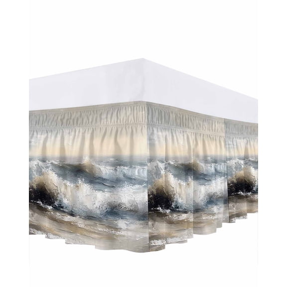 Ocean Beach Wave Bed Skirt Queen Size 16" Drop Impressionist Oil Painting Style Ruffled Wrap Around Bed Skirts Adjustable Elastic Bedskirt Dust Ruffle for Queen Size Bed