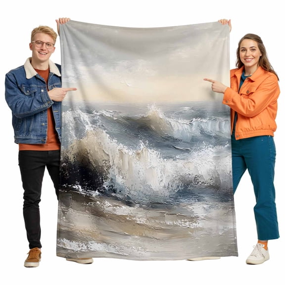 Ocean Beach Wave Flannel Blanket for Bed,Travel and Camping, Impressionist Oil Painting Style Super Soft Cozy Blanket for All Seasons 32"x48"