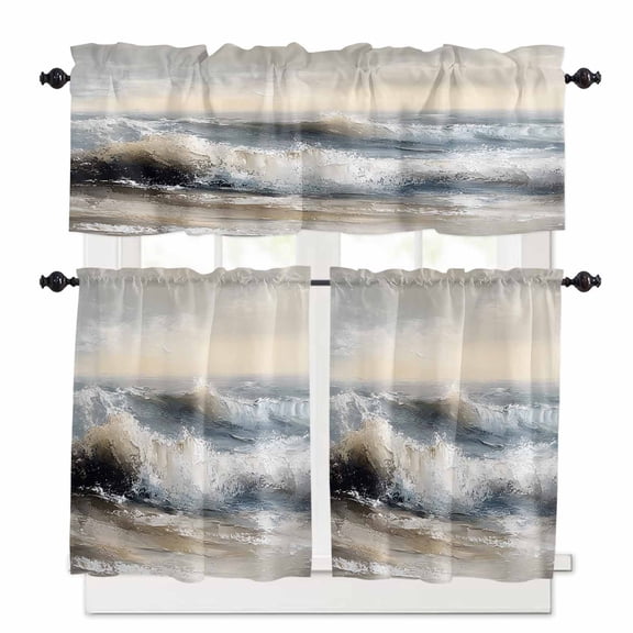 Ocean Beach Wave Kitchen Curtains Valance and Tier Set Impressionist Oil Painting Style Rod Pocket Short Curtains for Small Window 3 Pieces Set for Bedroom Bathroom Cafe (54" x 18"+27" x 24")