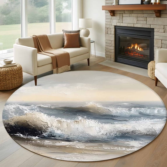 Ocean Beach Wave Round Living Room Rugs 7 ft, Impressionist Oil Painting Style Washable Area Rug with Non-Slip Sturdy Edge Binding Round Carpet for Kitchen Office Bedroom